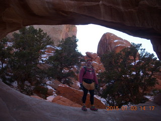 2562 8v3. Arches National Park - Devils Garden hike - Adam in Double-O Arch