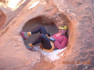 2572 8v3. Arches National Park - Devils Garden hike - Adam in hole in the rock