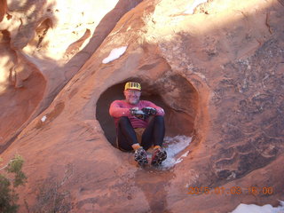 2574 8v3. Arches National Park - Devils Garden hike - Adam in hole in the rock