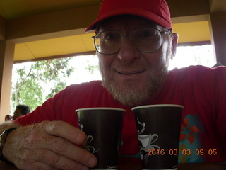 Indonesia tea plantation - Adam with cups of tea