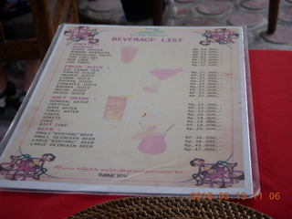 Indonesia - Bali - lunch with hilltop view - beverage list (diet coke > coke?)