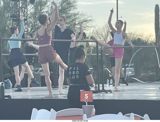 Ballet Arizona warming up at Desert Botanical Garden - person with Pilobolus shirt