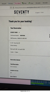 Seventy Hotel paperwork for Barcelona